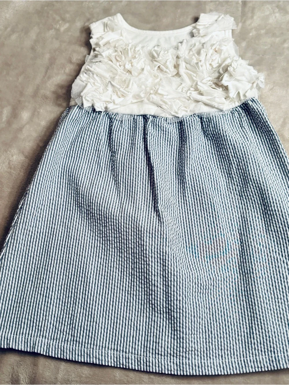 1989 Place Seersucker Dress White Ruffle Baby Girl Blue Stripe 3T